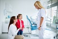 Mom and dentist brave child for dental examination