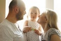 Mom, father and little daughter. Close-up portrait in backlight.