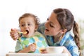 Mom feeding baby in highchair