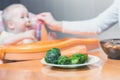 Mom feeds the baby soup. Healthy and natural baby food Royalty Free Stock Photo