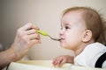 Mom feeds the baby who is naughty Royalty Free Stock Photo