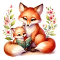 Fox Mom & Kid Reading Book Watercolor Clipart