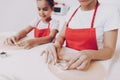 Mom and Girl Together Cook with Dough. Bake Cake.