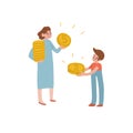 Mom gives her son money. The woman and the boy are holding money. Childrens finance. Vector isolated fully editable Royalty Free Stock Photo