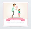 Mom giving cotton candy to her daughter, happy family banner flat vector element for website or mobile app