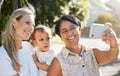 Mom, grandmother and baby take a selfie on holiday vacation for photography in summer together. Social media, mom and Royalty Free Stock Photo
