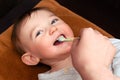 Mom hand is brushing the teeth of the happy toddler baby boy. The mother conducts oral hygiene of the smiling child lying on a Royalty Free Stock Photo