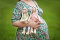 Mom hands holding two rabbits. Pregnant woman`s belly. Twins Royalty Free Stock Photo