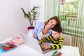 Mom helping little boy to do homework. Homeschooling during the coronavirus pandemic. Cute boy doing his school homework with his Royalty Free Stock Photo