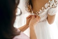 Mom helps her daughter, the bride, button up her white wedding dress on her wedding day