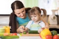 Mom with her daughter in kitchen preparing healthy food with fresh vegetables, home parenting lifestyle