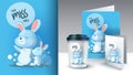 Mom and her little rabbit stand and wave their paws. Cute bunnies. We miss you text. Poster and merchandising. Can be used for