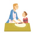 Mom and her Son Rolling out the Dough in the Kitchen, Parent Spending Time with Child and Cooking Together Cartoon Style