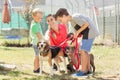 Mom with her sons walking dogs of an animal shelter