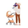 Mom holding baby. Happy mother with cute boy kid in arms, walking with pram, stroller. Excited woman parent with child