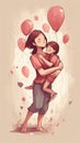 a mom holding her daughter with balloons around them, cute mothers day gift, ai generated image