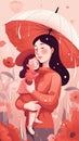 a mom holding her daughter under an umbrella, cute mothers day gift card, ai generated image