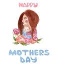 Mom holding a small child in her arms watercolor illustration for mothers day, and hand lettering Royalty Free Stock Photo