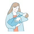 Mom holds a baby in her arms and smiles. Happy woman and a newborn. Motherhood. Vector hand drawn illustration.