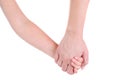 Mom holds the hand of a child on a white background. Body parts Royalty Free Stock Photo
