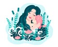 Mom holds her daughter in her arms, hugs her child. Happy MothersDay concept. Vector