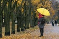 Mom holds a small child in her arms while standing under a yellow umbrella in an autumn park against a background of yellow Royalty Free Stock Photo