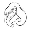 Vector illustration with mom hugs baby. Continuous line art