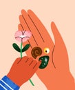 Mom and kid hands. Cute child giving funny gifts, presents to mother. Little stones, flower on palm. Mommy and toddler