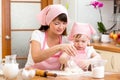 Mom and kid preparing cookies together at kitchen