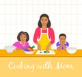 Mom with kids cooking dinner together in kitchen