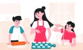 Mom and kids cooking at home together. Boy rolling dough with pin, girl mixing cream in bowl and mother making buns