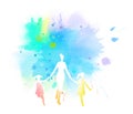 Mom with kids running silhouette plus abstract watercolor painted. Mother and children exercise. Health care concept. Digital art