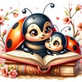 Mom Ladybug is reading a storybook to her kid, Watercolor Illustration, Mother\'s Day. Mom gift.