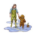 Mom leads by hand the boy in an underwater or space suit Royalty Free Stock Photo