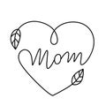 Mom lettering in the shape of a heart with decor leaves, a template for a postcard, mother's day or mom's