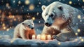 Mom and little bear look at holiday candles in the snowy tundra at night