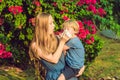 Mom looks at his son who is allergic to pollen Royalty Free Stock Photo