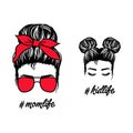 Mom with a Messy Bun, Momlife and kidlife, Silhouette of a woman face with messy hair in a bun and daughter. Royalty Free Stock Photo