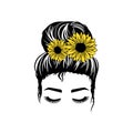 Mom with a Messy Bun, Momlife sunflower, Silhouette of a woman face with messy hair in a bun with flowers Royalty Free Stock Photo