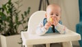 mom Mother feed young baby in white feeding up high chair, first supplement vegetable puree Happy smiling kid eat for Royalty Free Stock Photo