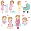 Mom in a pink dress with a bouquet of flowers, with a newborn baby in her arms, with a stroller, with shopping, household chores