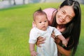 Mom practiced her baby boy first step walking on green grass garden