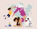 Mom practices yoga at home with her child and pets. child is playing while mom is meditating. young mother in scorpion