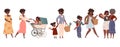 Mom Pregnant with Daughter Walking with Baby Carriage and to School as Growing-up Vector Scene