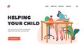 Mom Prepare Little Boy for School Landing Page Template. Happy Characters Learning Lesson Together. Mother Support Son