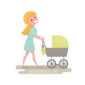 Mom pushing her baby in a stroller . Young woman with little baby on the walk. Mother character isolated. Vector Illustration