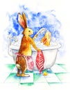 The mom-rabbit washes the baby hare in the bath with water from the shower. Watercolor illustration. Drawn by hand