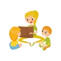 Mom reading a book to her little kids, family, early development concept vector Illustration on a white background Royalty Free Stock Photo