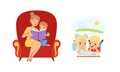 Mom Reading Book to Little Boy, Cute Kids Lying on Floor Enjoying Reading Cartoon Style Vector Illustration Isolated on Royalty Free Stock Photo