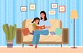 Mom reading tale and teaching her little daughter. Mother with book tells bedtime story to child